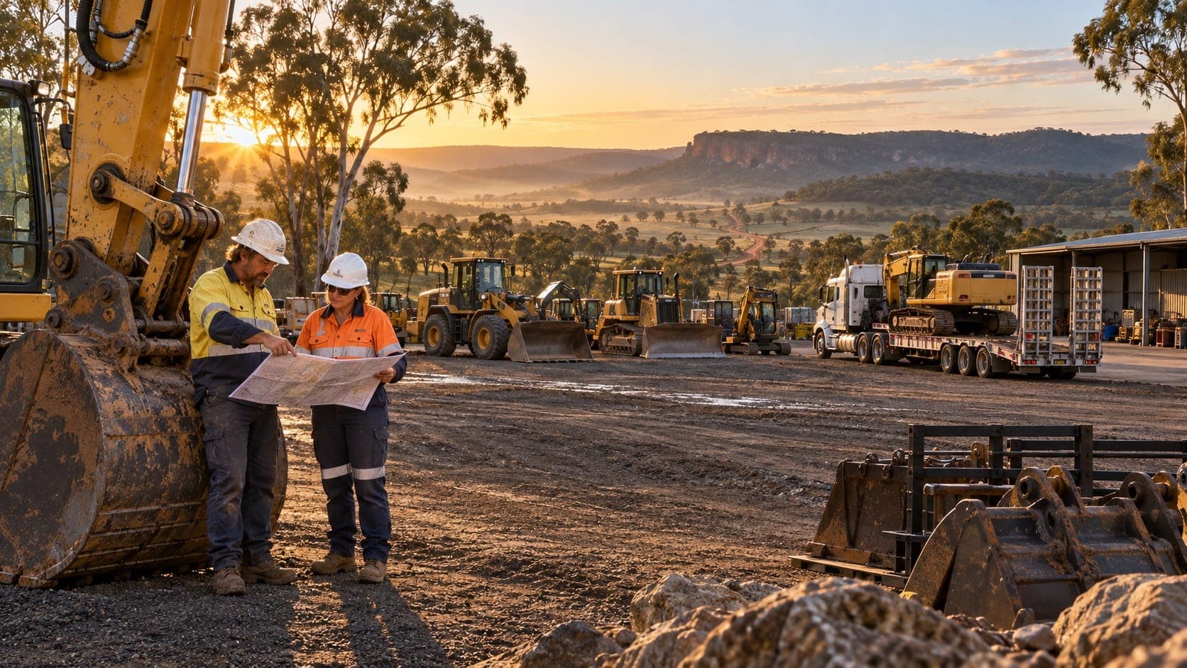 Plant hire crew and fleet on an Australian regional project (illustrative)